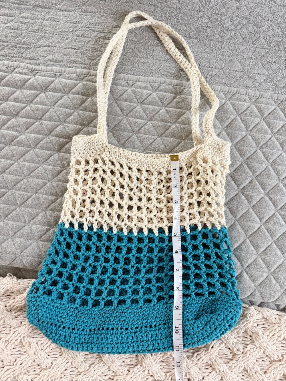 Cream and Teal Crochet Two-Tone Market Tote